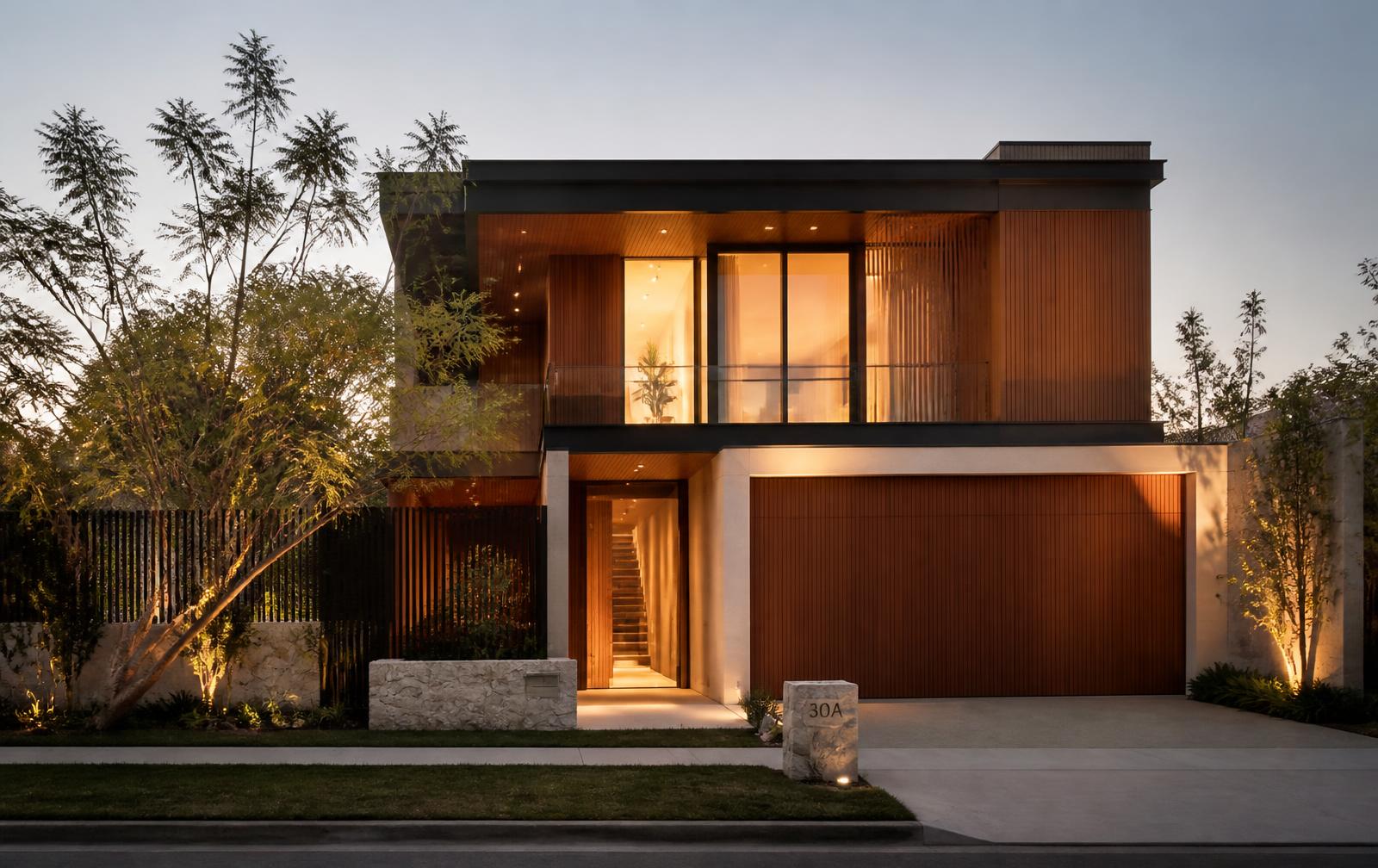 Custom home built by Deol Built at dusk in Canberra